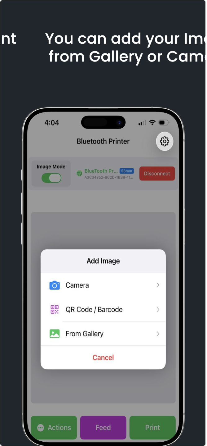 Simple Bluetooth Printer iOS adding image from Camera Gallery or QR code to print on thermal printer