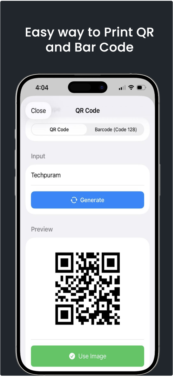 Print QR code and barcode from iPhone to Bluetooth thermal printer using Simple Bluetooth Printer