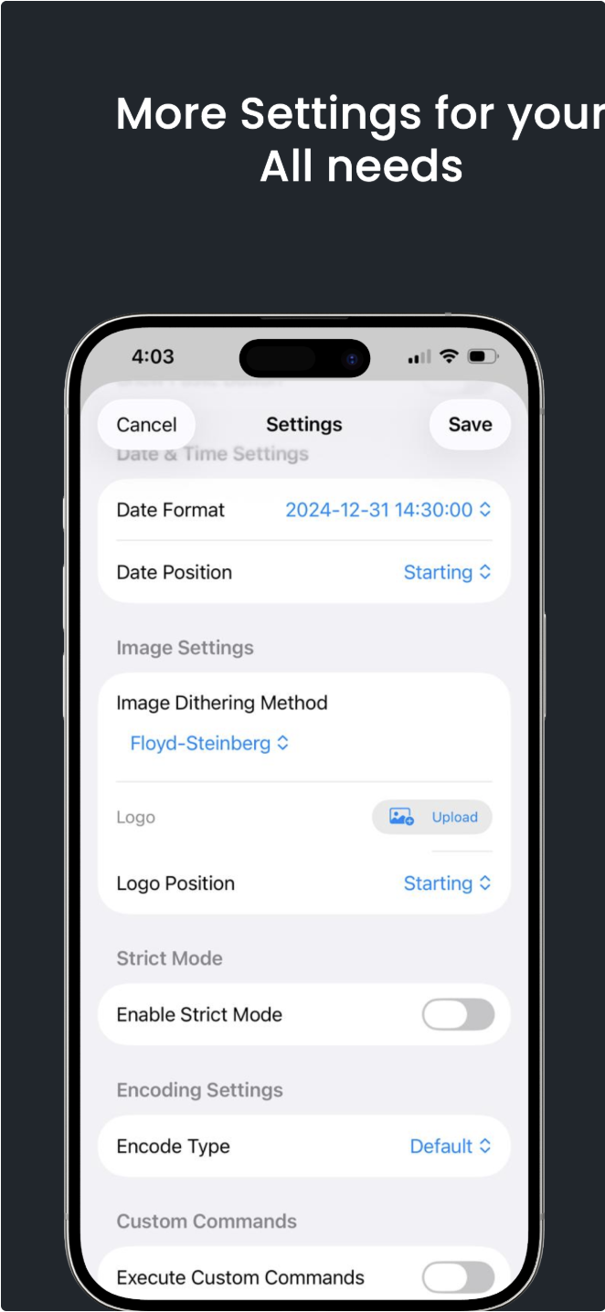 Simple Bluetooth Printer iOS settings - Floyd-Steinberg dithering Strict Mode encoding custom commands