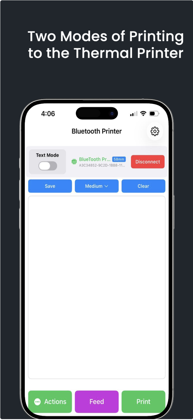 Simple Bluetooth Printer iPhone app showing Text Mode and Image Mode for thermal printing