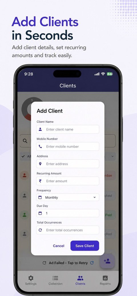 Simple Collection App Add Client screen with Recurring Amount, Frequency, Due Day, and Total Occurrences fields