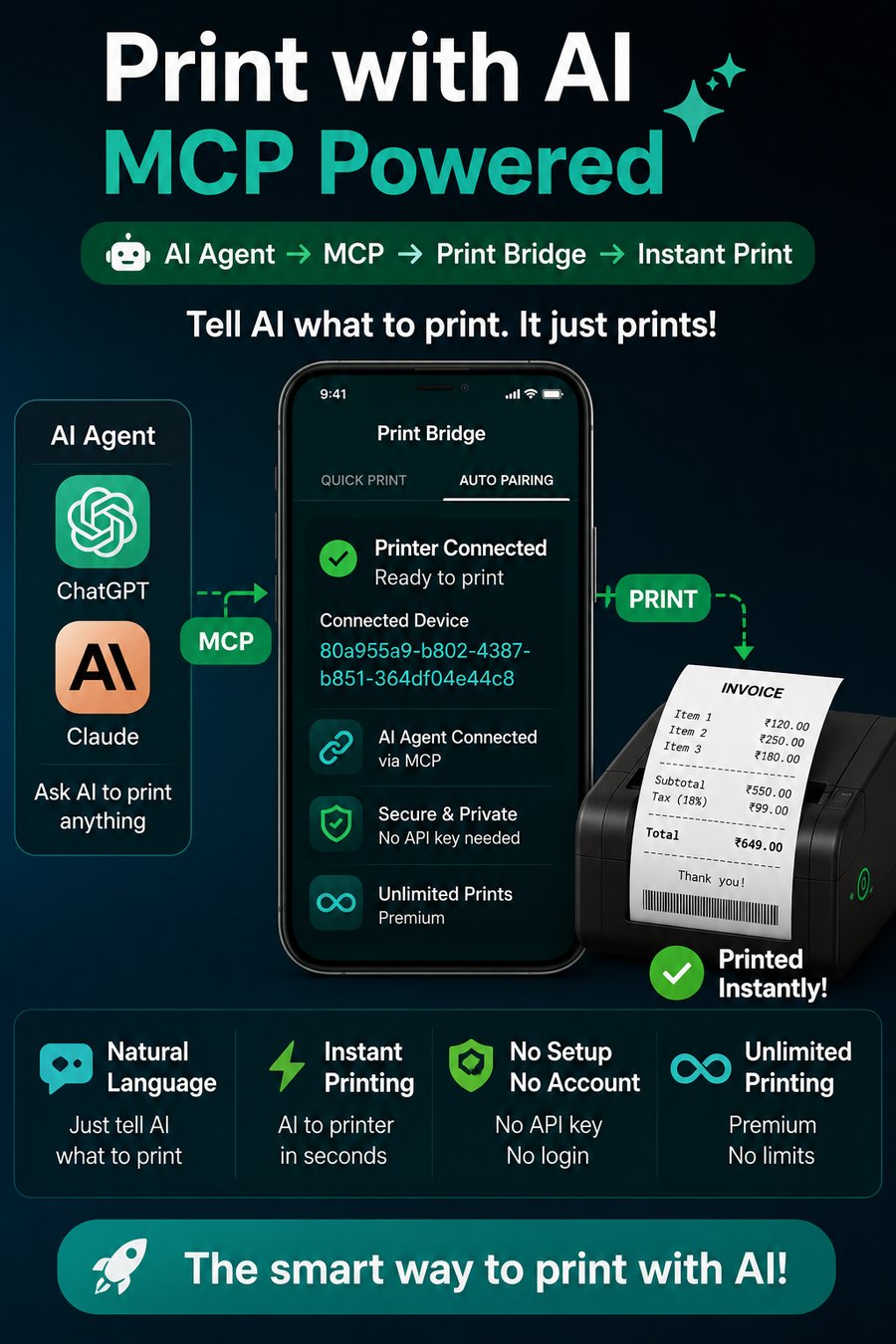 Print Bridge MCP integration letting ChatGPT and Claude print directly to a thermal printer