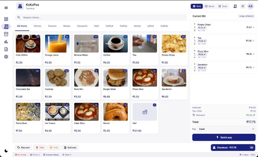 KoKoPos checkout screen with cart items, tax breakdown, total, and Quick Pay / Checkout buttons
