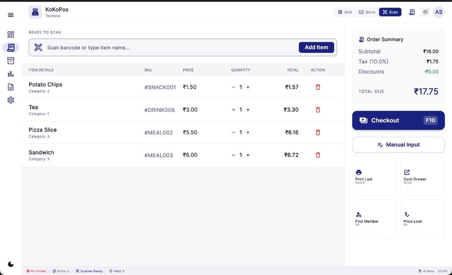 KoKoPos Scan billing mode with barcode entry, item list, tax breakdown, and Print Last / Cash Drawer shortcuts
