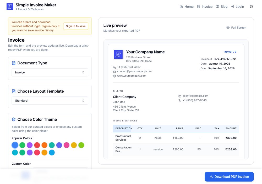 Simple Invoice Maker free online A4 invoice generator with live preview