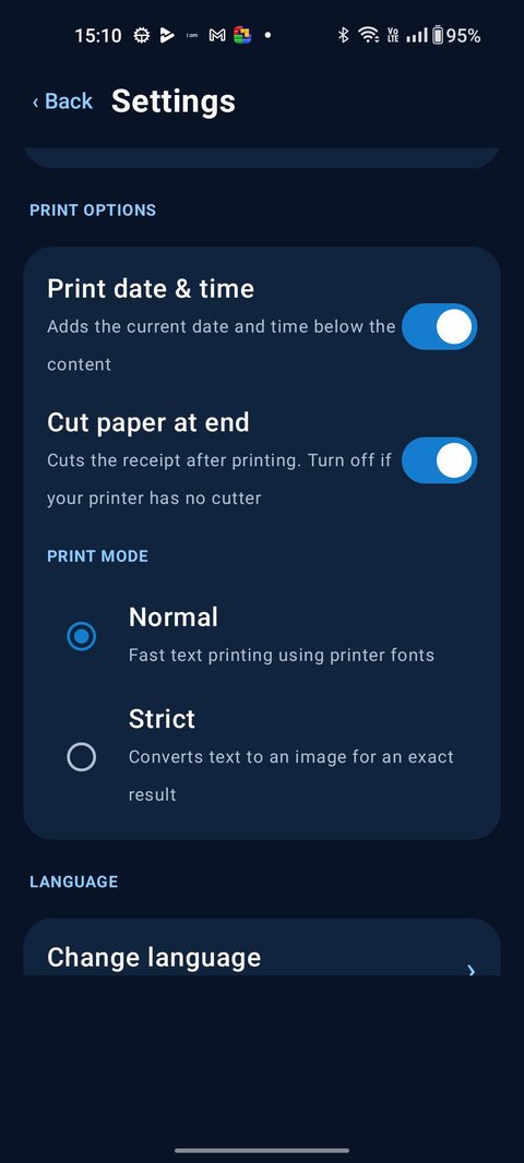 Thermal Printer Go settings screen showing Normal and Strict print mode options