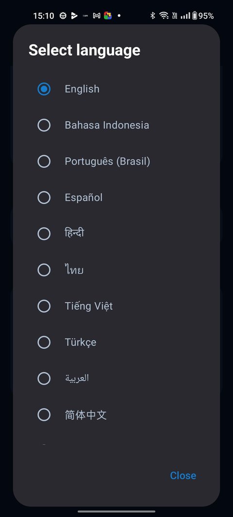 Thermal Printer Go select language screen listing 15 supported languages