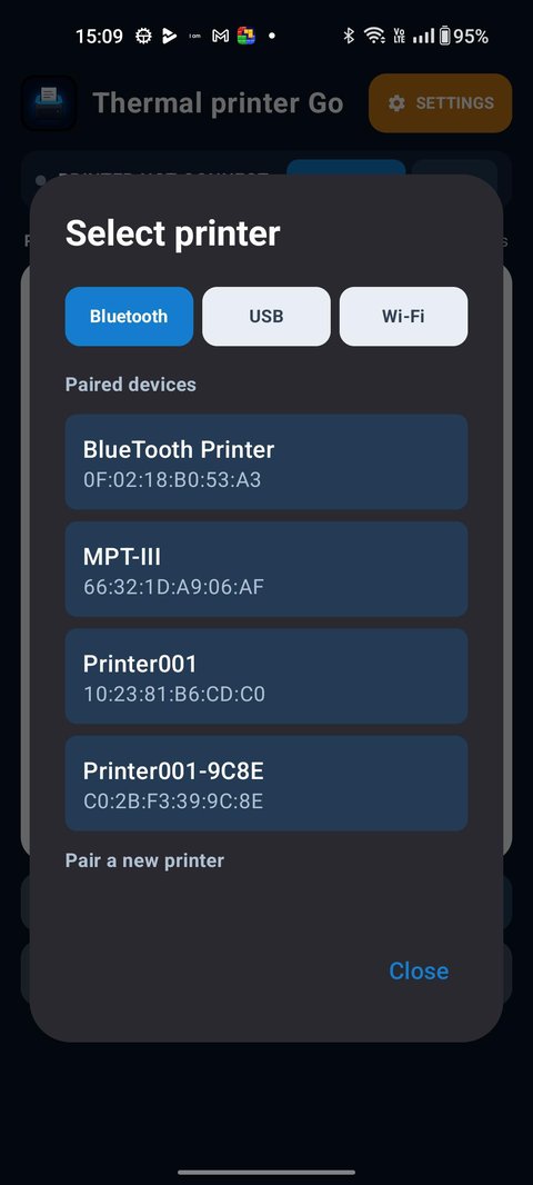 Thermal Printer Go select printer dialog with Bluetooth, USB and WiFi tabs