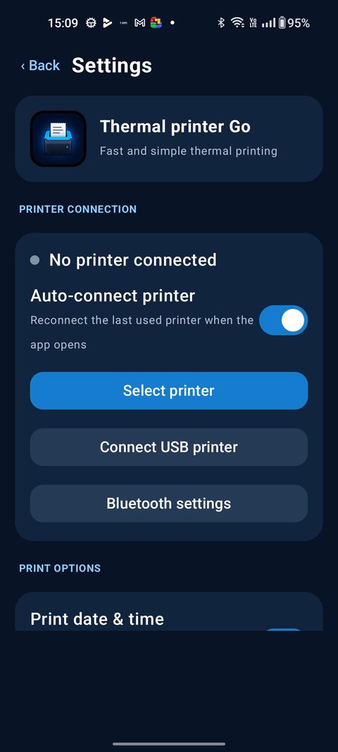 Thermal Printer Go settings screen showing printer connection and auto-connect option